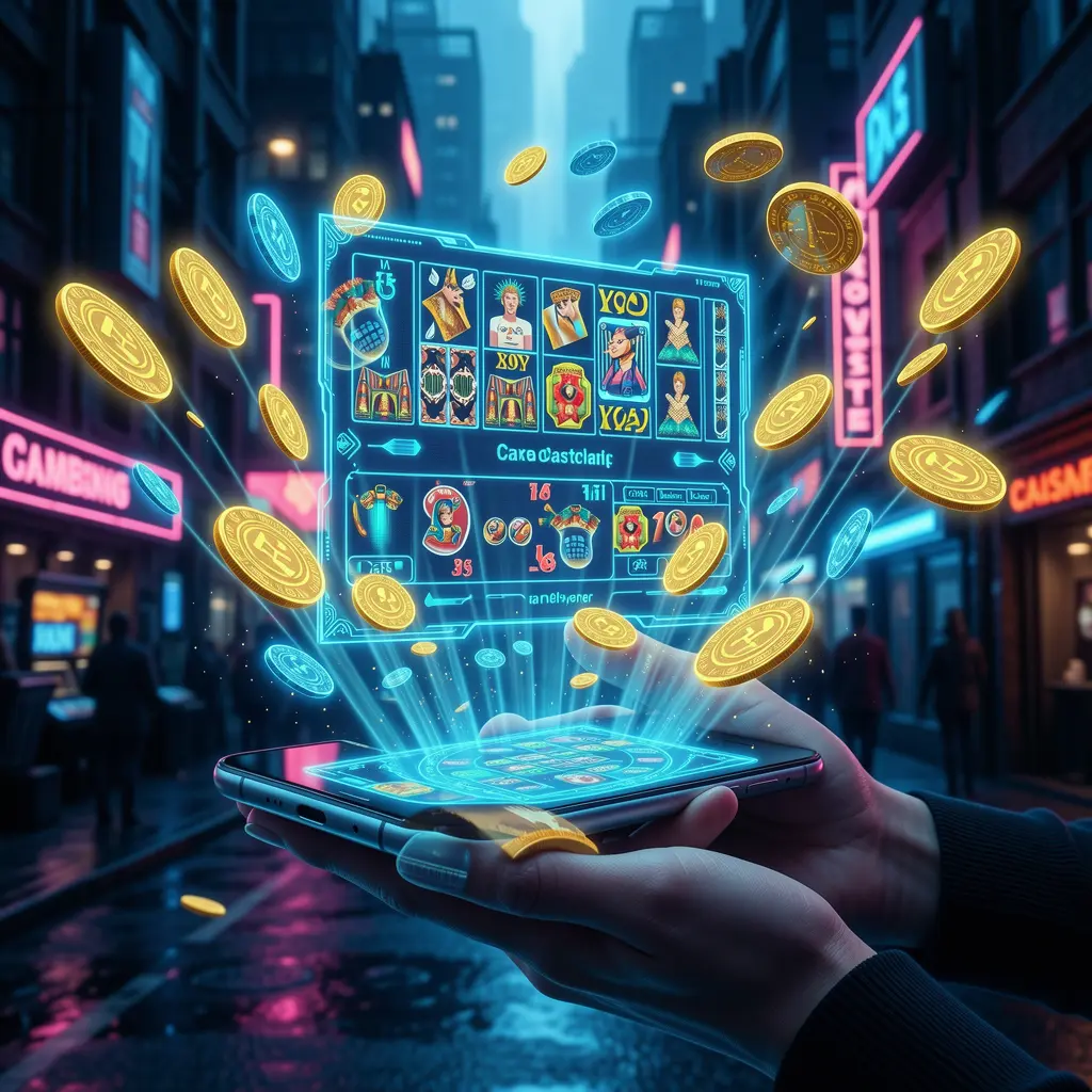 JIT66 App – A seamless and modern mobile casino experience for players in Bangladesh Futuristic holographic casino interface projected from a smartphone with glowing chips and game icons highlighting the JIT66 mobile app in Bangladesh