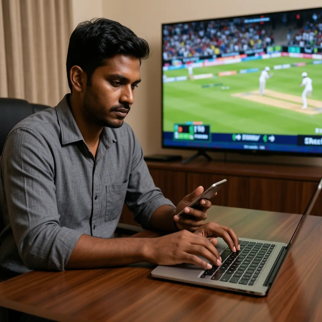 JIT66 Bet – Place smart live sports bets anytime in Bangladesh Focused Bangladeshi sports bettor using a laptop and smartphone at home while tracking live cricket action on TV through JIT66
